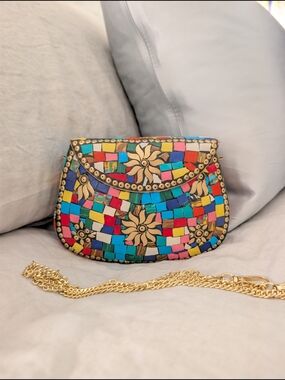 RAMLA Handmade Mosaic Tile Stone Gold Crossbody Clutch Bag - Brand New!